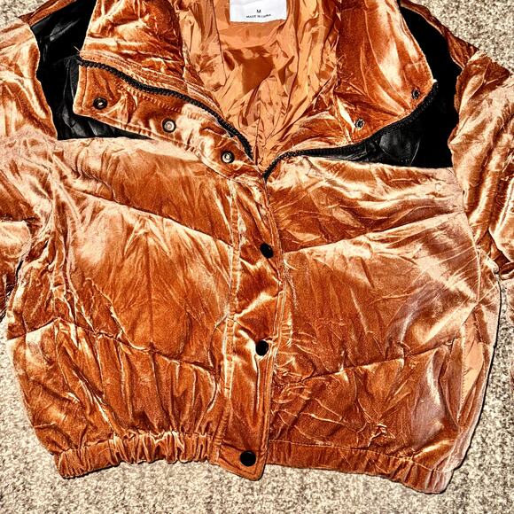 Celebrity Pink Velvet Crop Puffer Jacket Women's Outerwear Coat in Cognac - Picture 9 of 12